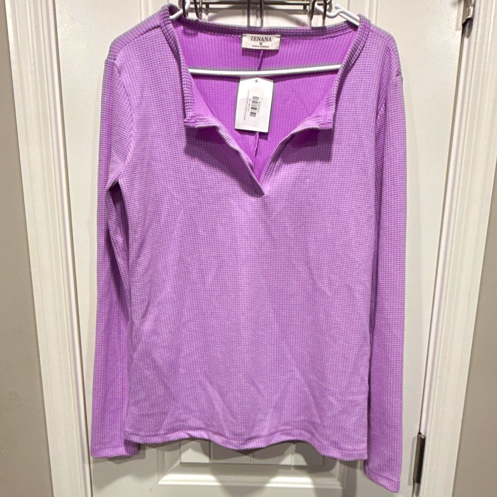 Zenana Women's PurpleWaffle Knit V-Neck Long Sleeve Top Stretch, M JT-7530D4 NWT